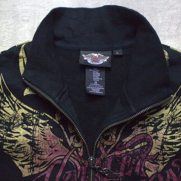 Vtg Harley-Davidson Women Sweatshirt L Black Wings Logo Graphic Full Zip Heart - Picture 4 of 6